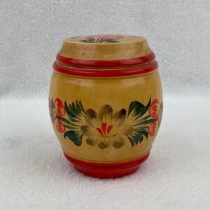 VTG 1973 Russian Hand-Painted Floral Wooden Container with Lid 4”
